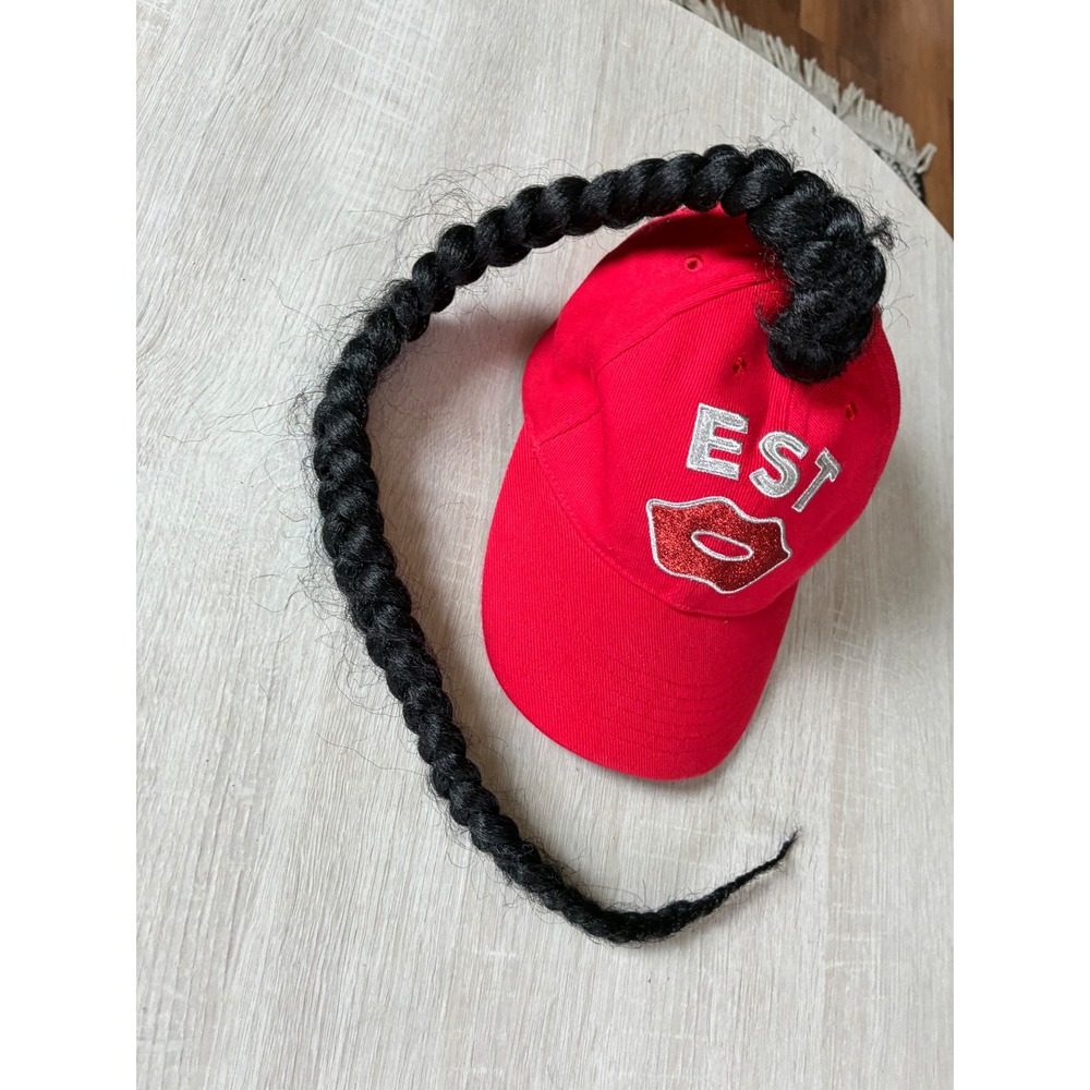 WWE Bianca Belair EST Red Baseball Cap Hat with Attached Braid Hair Accessory